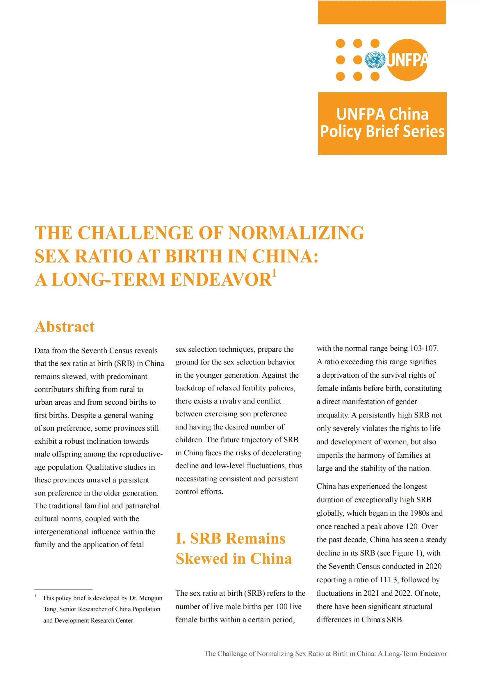 Policy Brief: The Challenge of Normalizing Sex Ratio at Birth in China: A Long-Term Endeavor