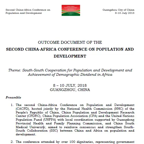 Outcome document of the second China-Africa conference on population and development